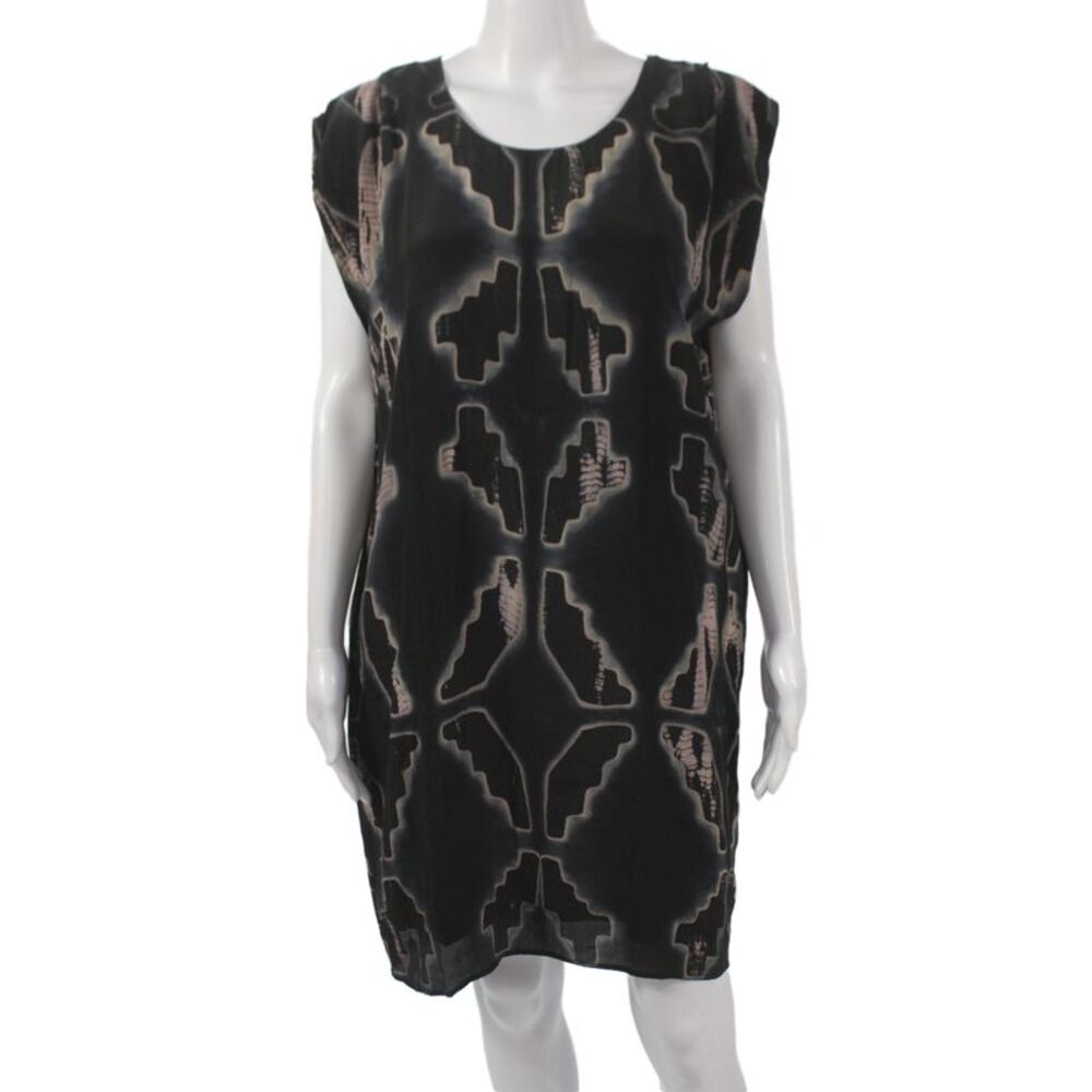 Laura Siegel Women Silk Black Batik Sleeveless Shift Dress Bohemian Size L